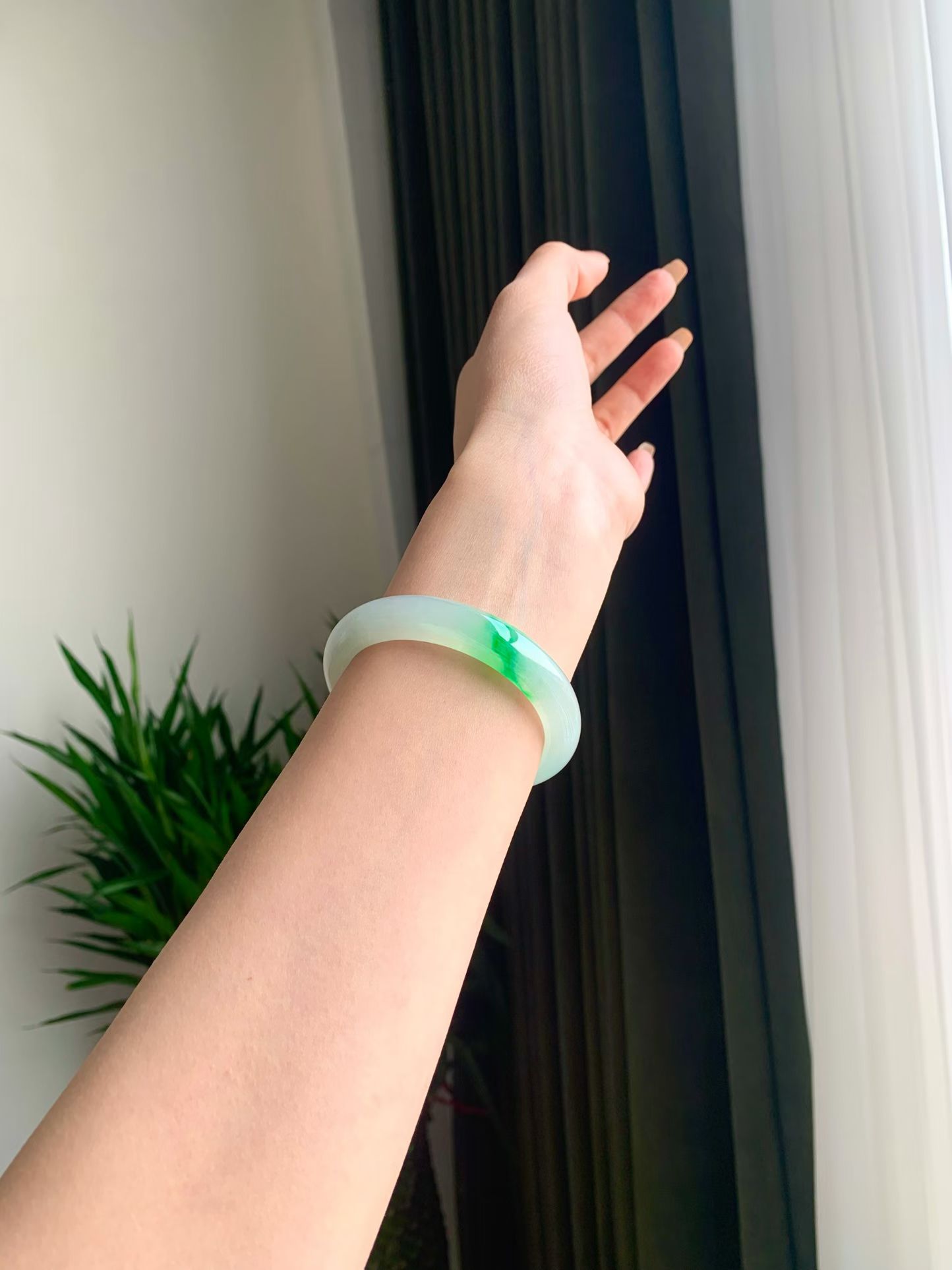 White Base Green Jadeite Bangle (Classic Flat Bangle, 56mm) view 1