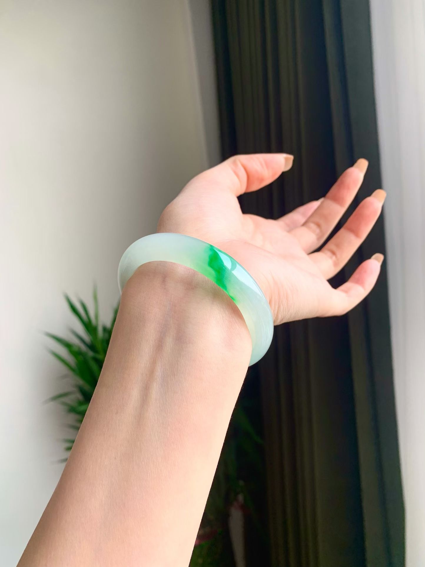 White Base Green Jadeite Bangle (Classic Flat Bangle, 56mm) view 3
