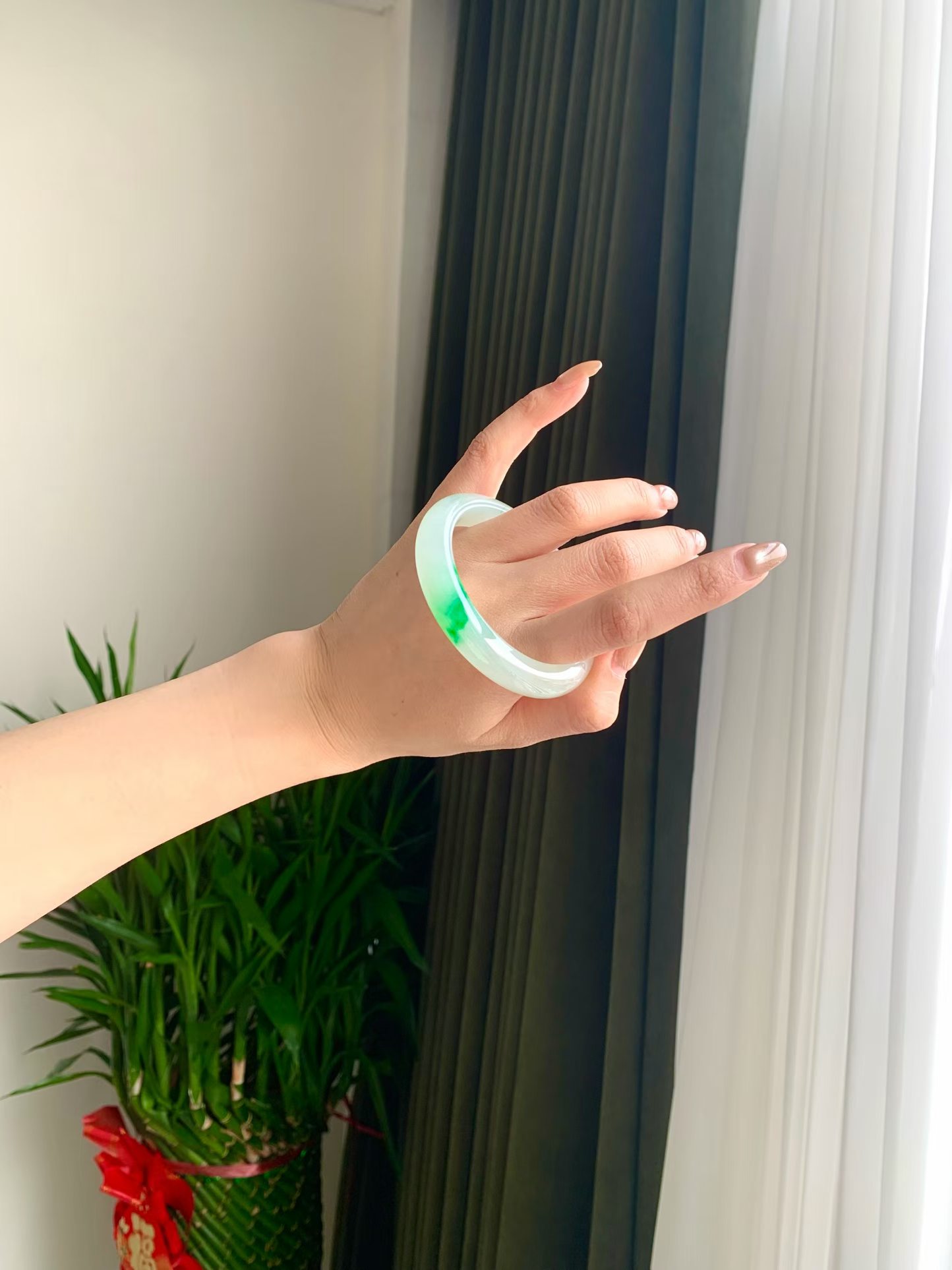 White Base Green Jadeite Bangle (Classic Flat Bangle, 56mm) view 4