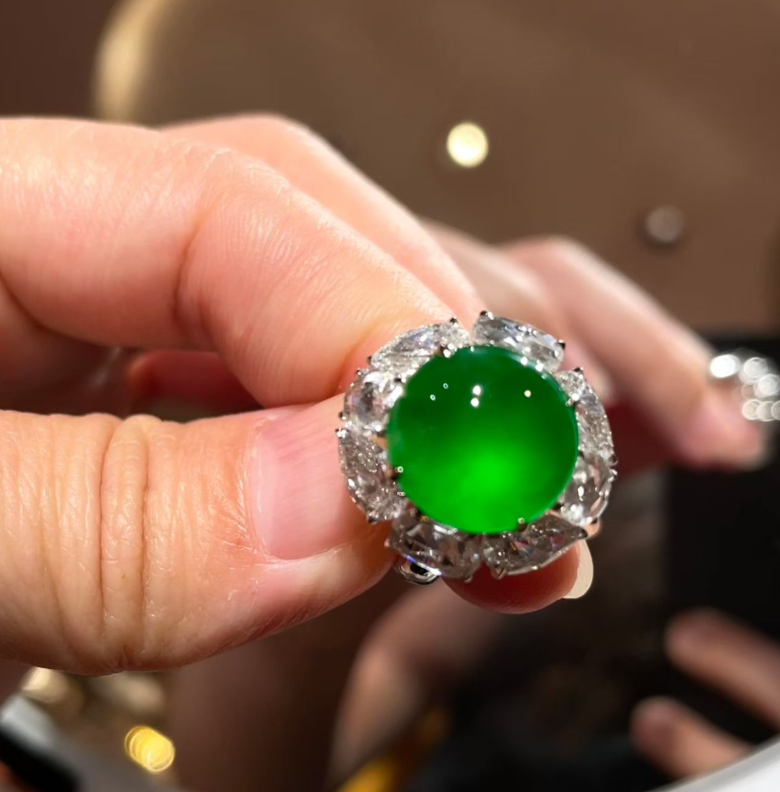 Glassy Imperial Green Jadeite Ring & Earrings Suite view 2
