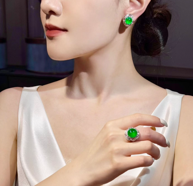 Glassy Imperial Green Jadeite Ring & Earrings Suite view 4