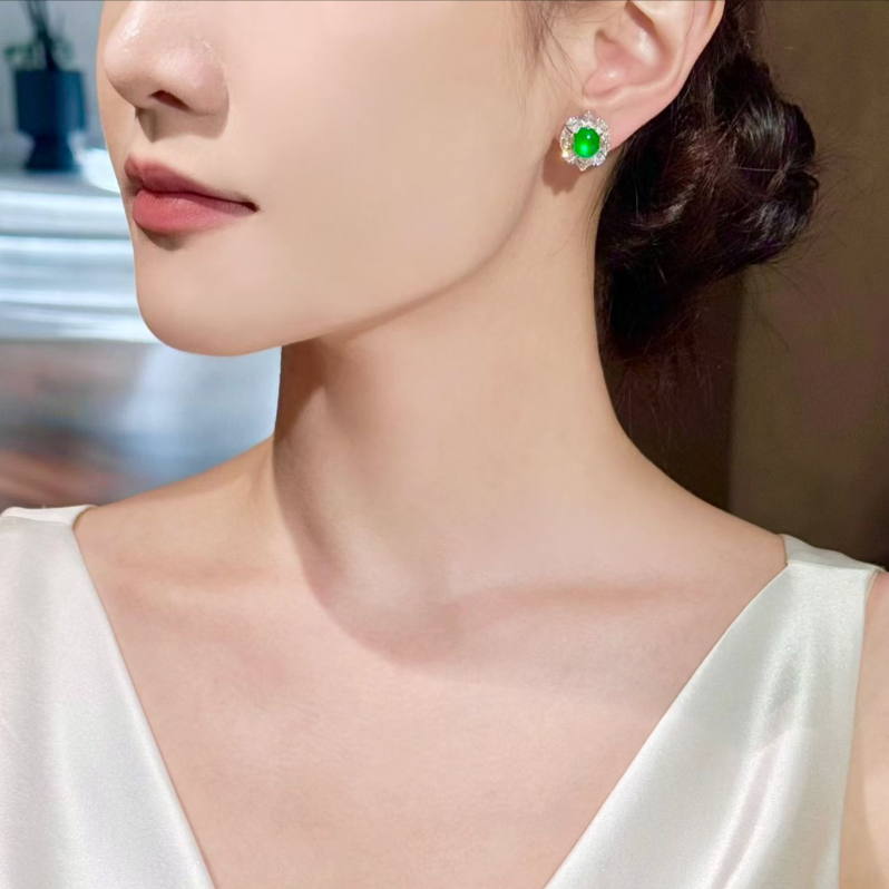 Vivid Yang Green Long Shi Zhong (龙石种) Jadeite Earrings view 5