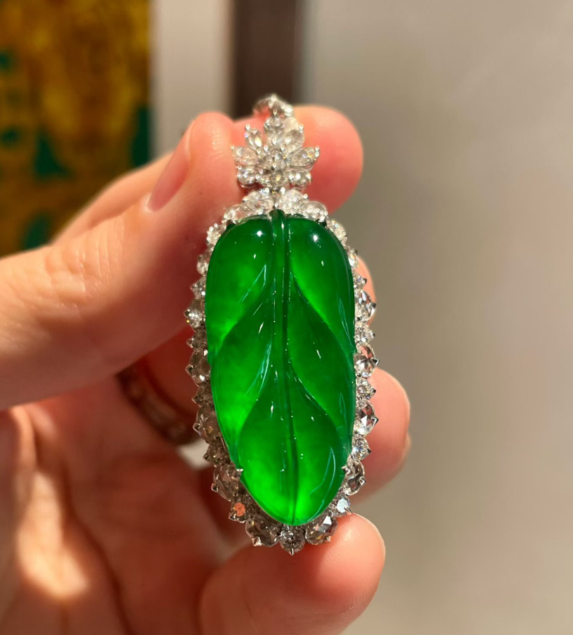 Glassy Imperial Green Jadeite Leaf Pendant (The Chinese Success Leaf) view 1