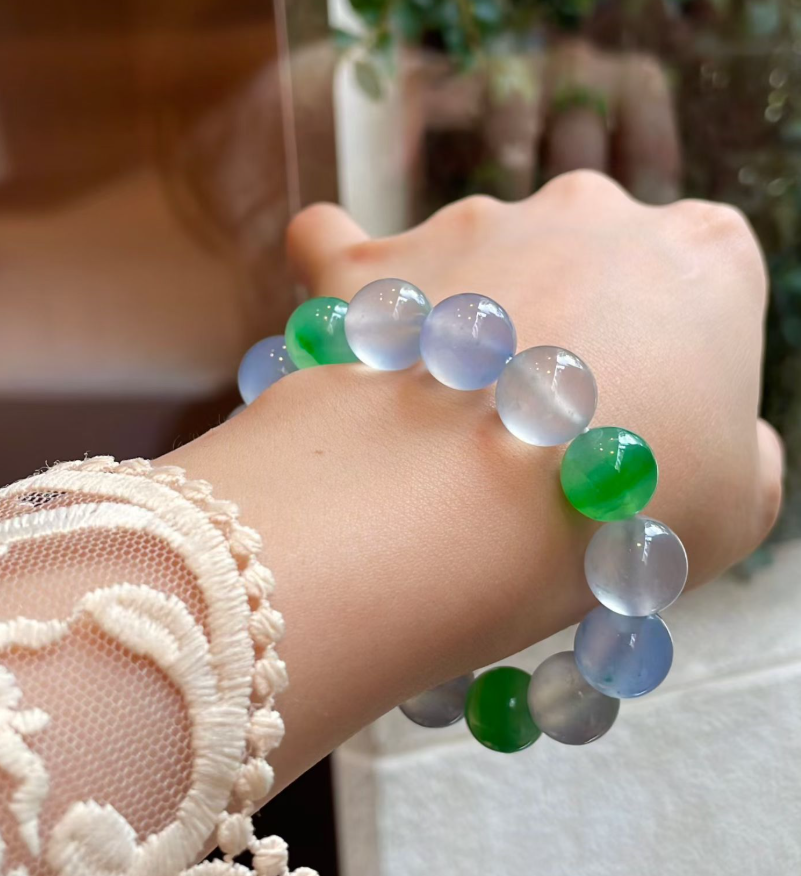 Glassy Blue & Yang Green Jadeite Bead Bracelet (12mm)