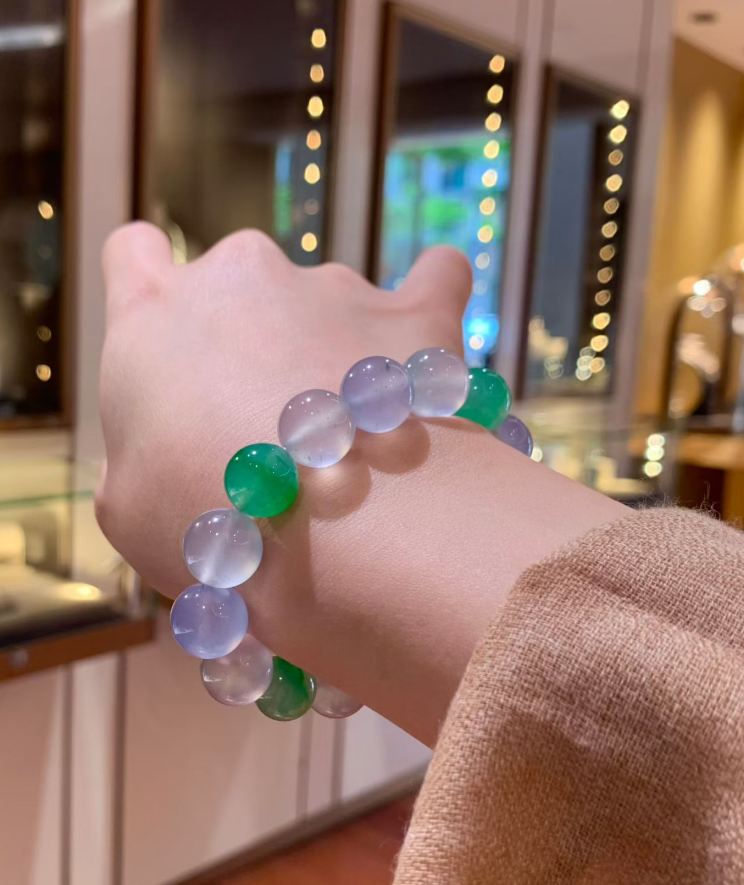 Glassy Blue & Yang Green Jadeite Bead Bracelet (12mm) view 1