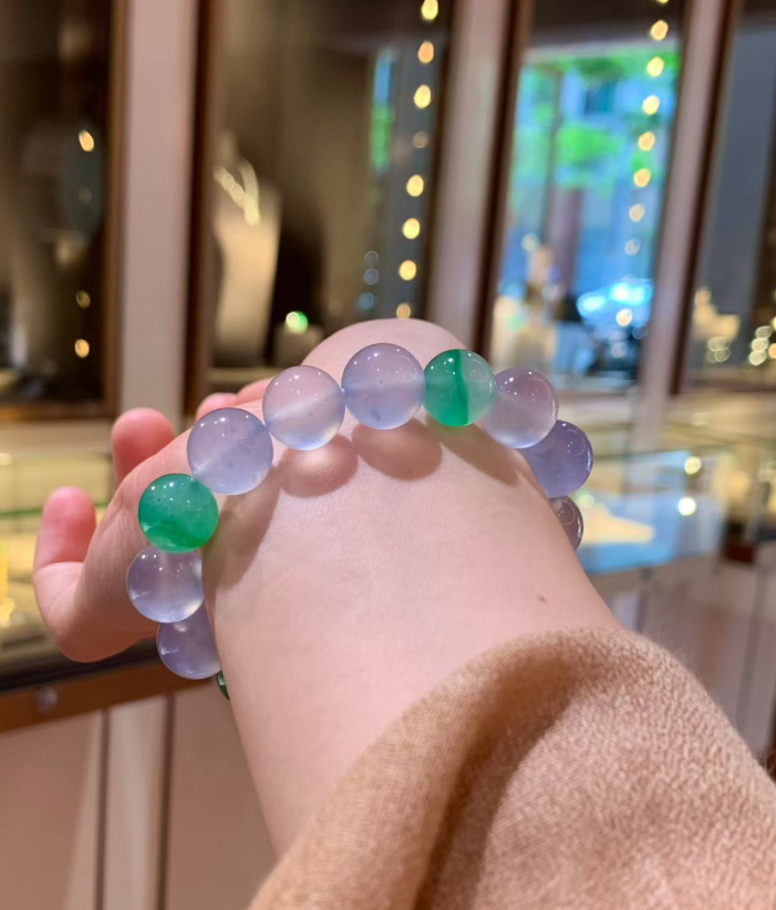 Glassy Blue & Yang Green Jadeite Bead Bracelet (12mm) view 2