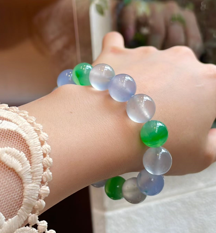 Glassy Blue & Yang Green Jadeite Bead Bracelet (12mm) view 3
