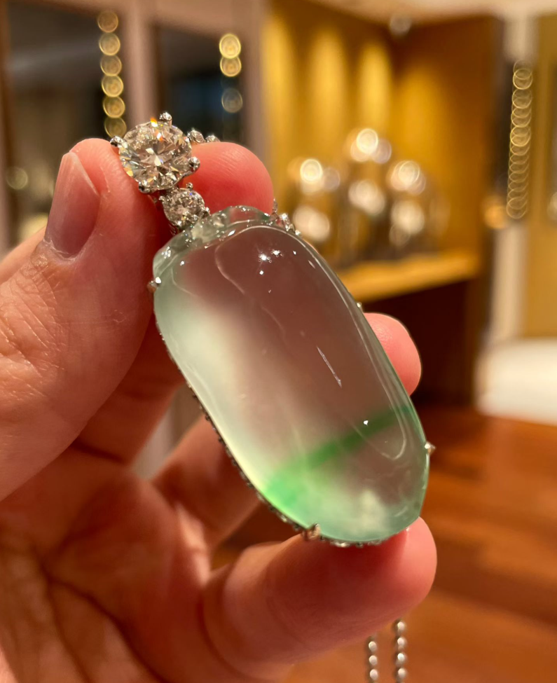 Glassy Floating Yang Green Jadeite Fu Gua Pendant view 2