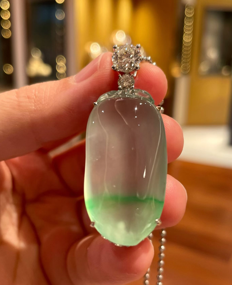 Glassy Floating Yang Green Jadeite Fu Gua Pendant view 3
