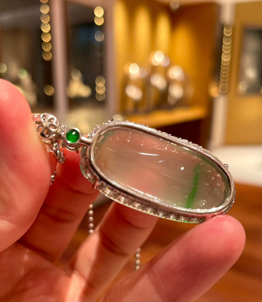 Glassy Floating Yang Green Jadeite Fu Gua Pendant view 4