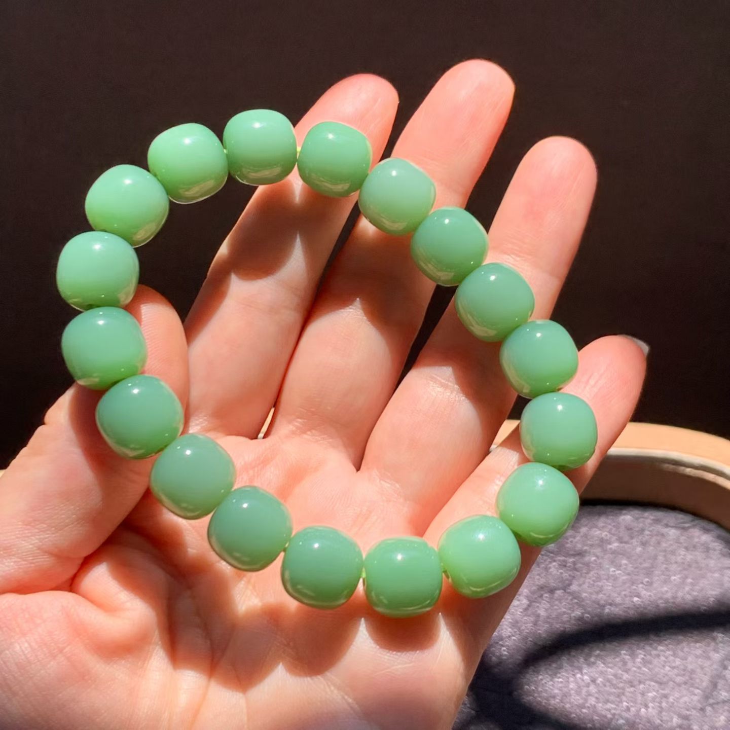 Rosy Green Meaty-Base Nephrite Jade Bead Bracelet (12mm) view 1