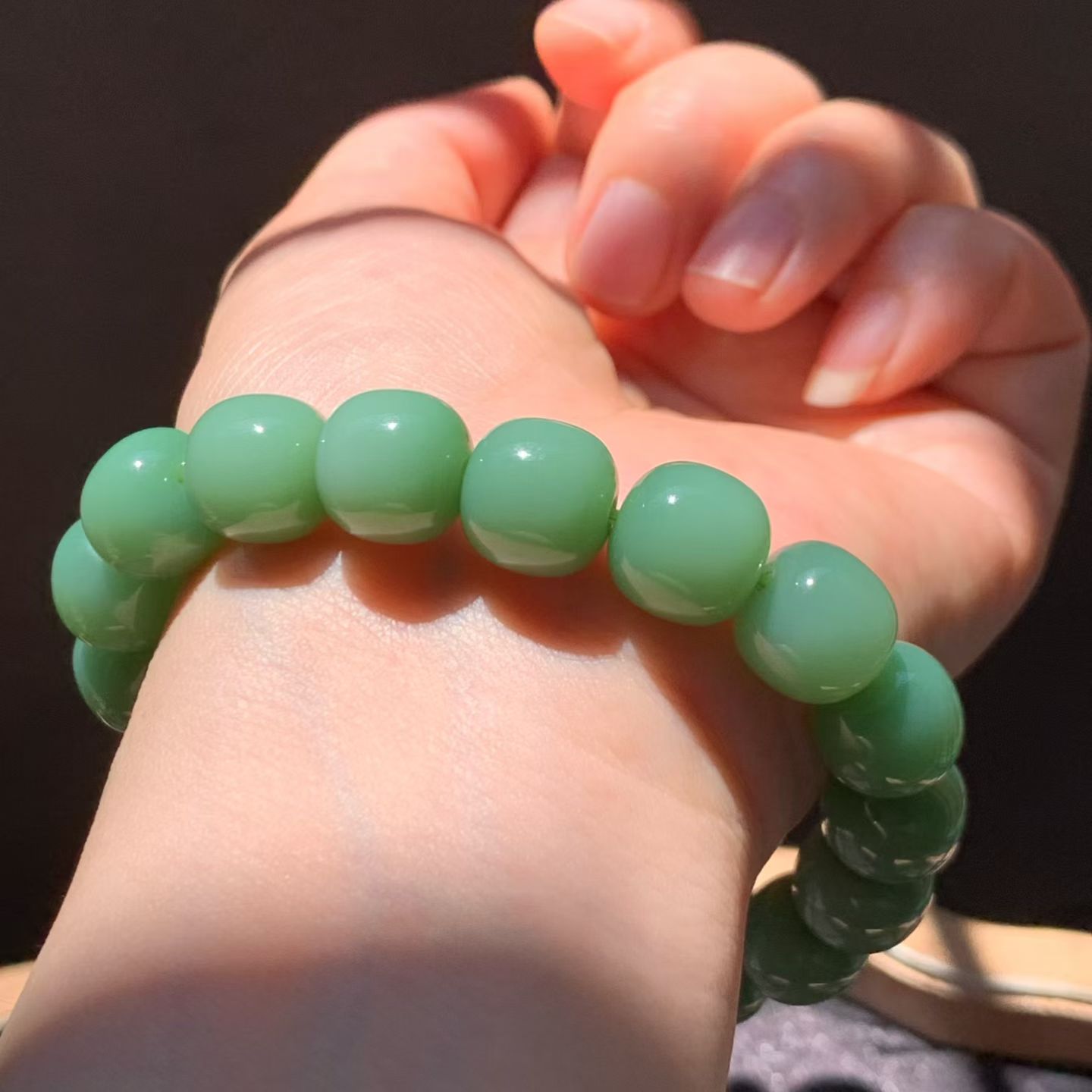 Rosy Green Meaty-Base Nephrite Jade Bead Bracelet (12mm) view 2