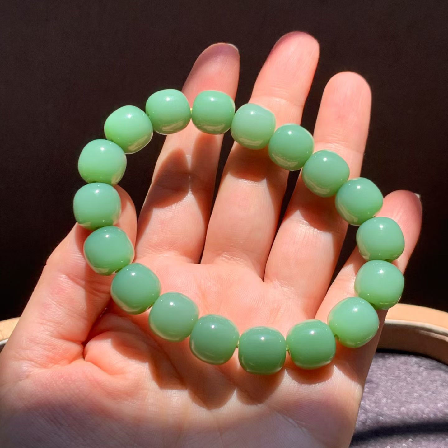 Rosy Green Meaty-Base Nephrite Jade Bead Bracelet (12mm) view 3