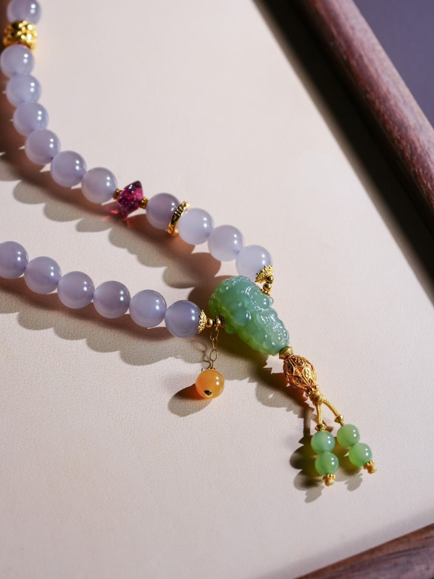 Qinghai Smoky Lavender Nephrite Jade Designer Hand Mala (8mm) view 1