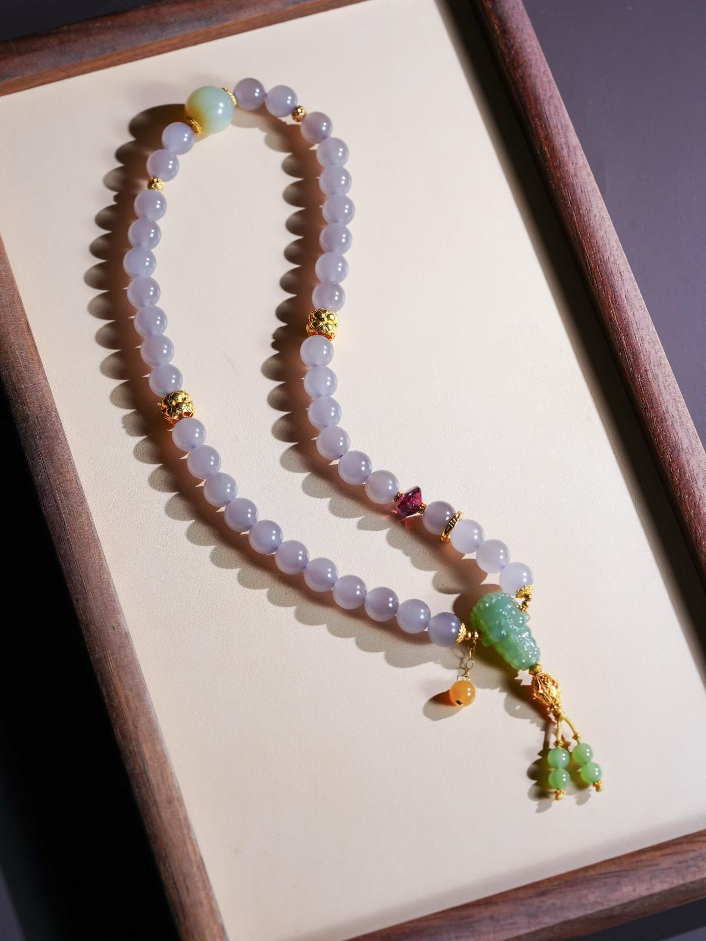 Qinghai Smoky Lavender Nephrite Jade Designer Hand Mala (8mm) view 3