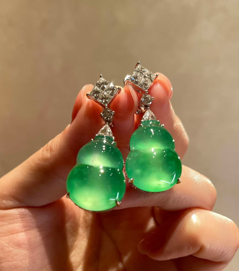 Glassy Sweet Green Jadeite Double Gourd Earrings view 1