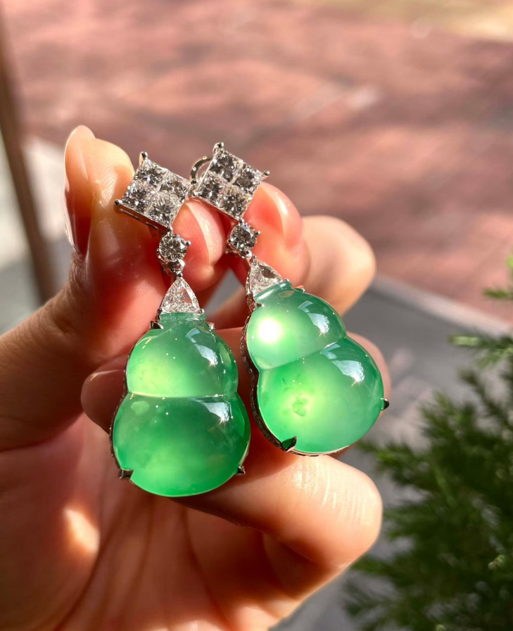 Glassy Sweet Green Jadeite Double Gourd Earrings view 3