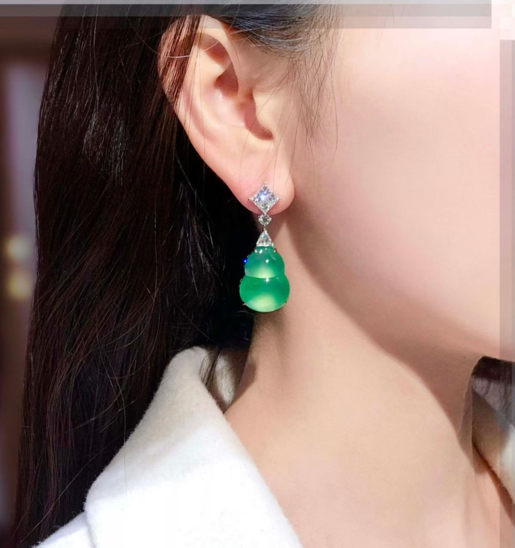 Glassy Sweet Green Jadeite Double Gourd Earrings view 4