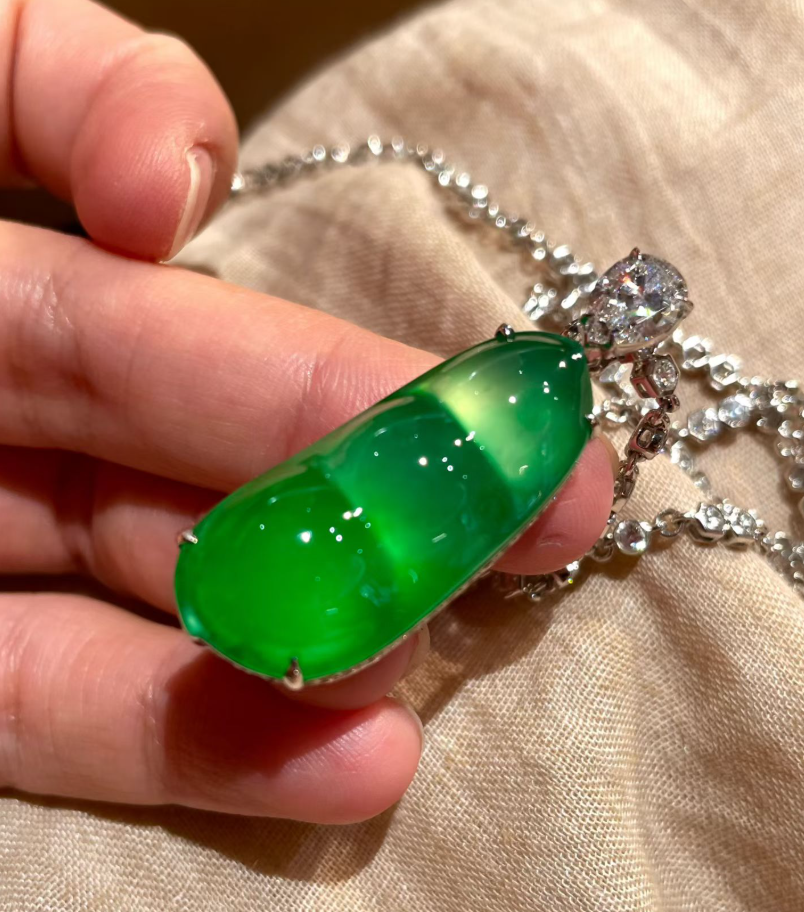 Glassy Sweet Yang Green Jadeite "Four-Season Bean" Pendant view 1