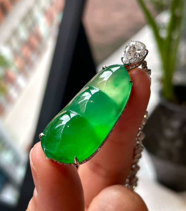 Glassy Sweet Yang Green Jadeite "Four-Season Bean" Pendant view 3
