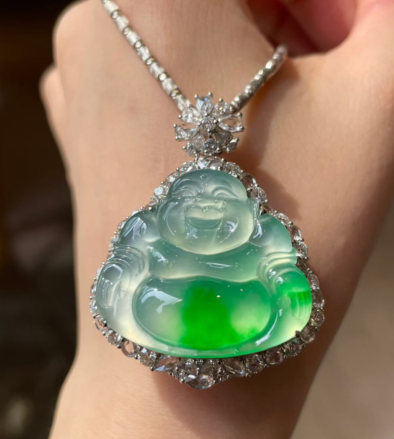 Glassy Floating Yang Green Jadeite Laughing Buddha Pendant