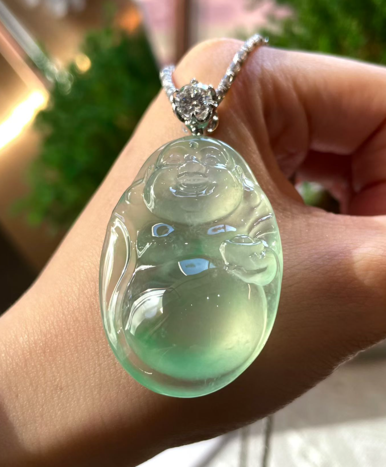 Icy Aqua Jadeite Standing Buddha Pendant