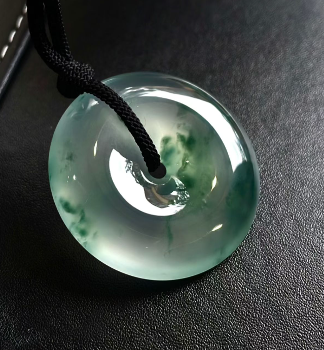 Glassy Blue-Green Flower Jadeite Ping An Kou (飘蓝花平安扣)