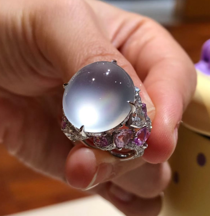 Glassy Pink-Tinted Jadeite Cabochon Ring