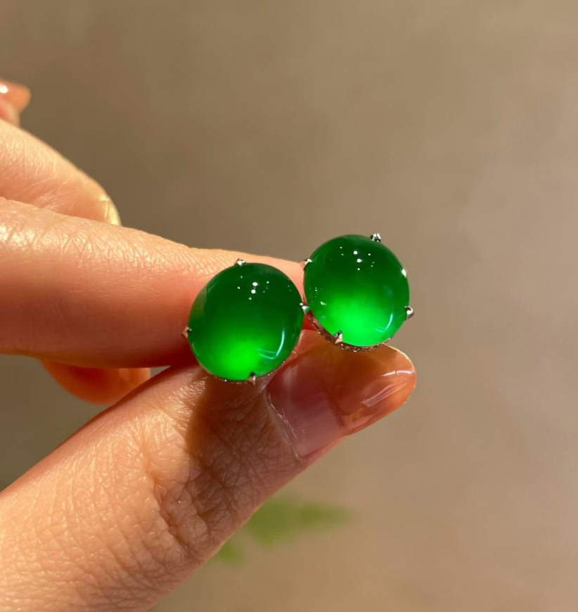 Glassy Yellow-Yang Green Jadeite Cabochon Earrings