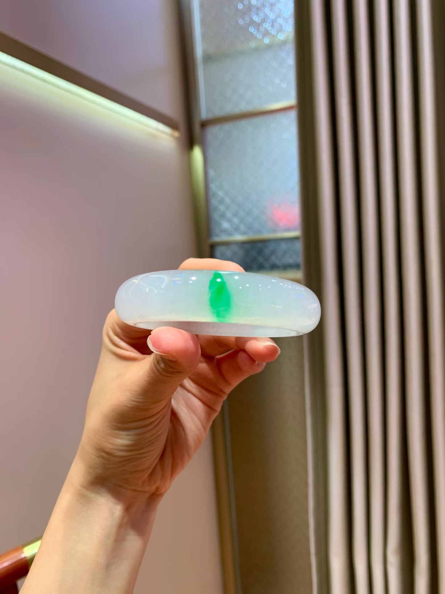 Icy White Jadeite Bangle with a Touch of Green (Classic Flat Bangle, 56mm)