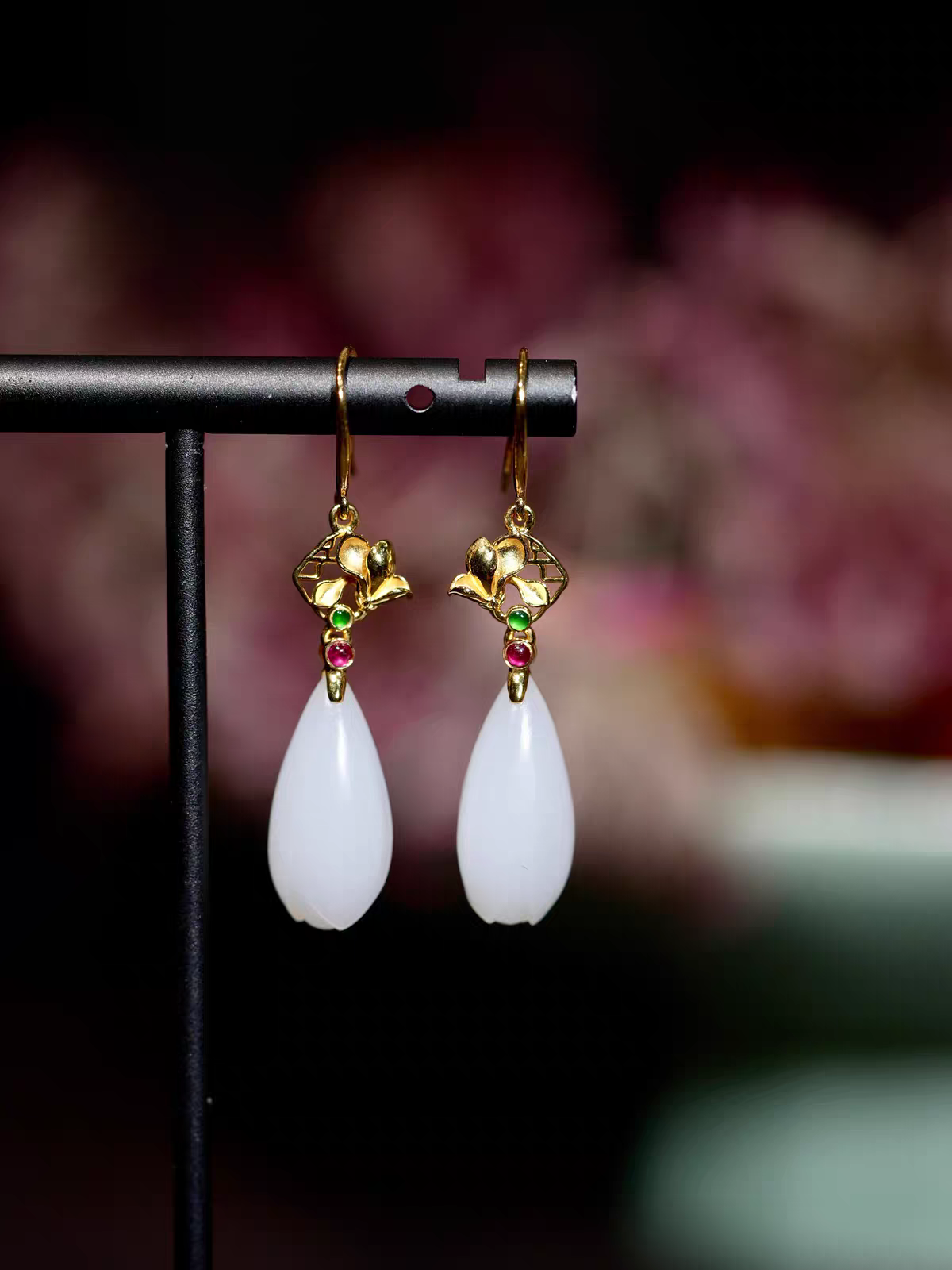 Classic White Nephrite Jade Magnolia Earrings