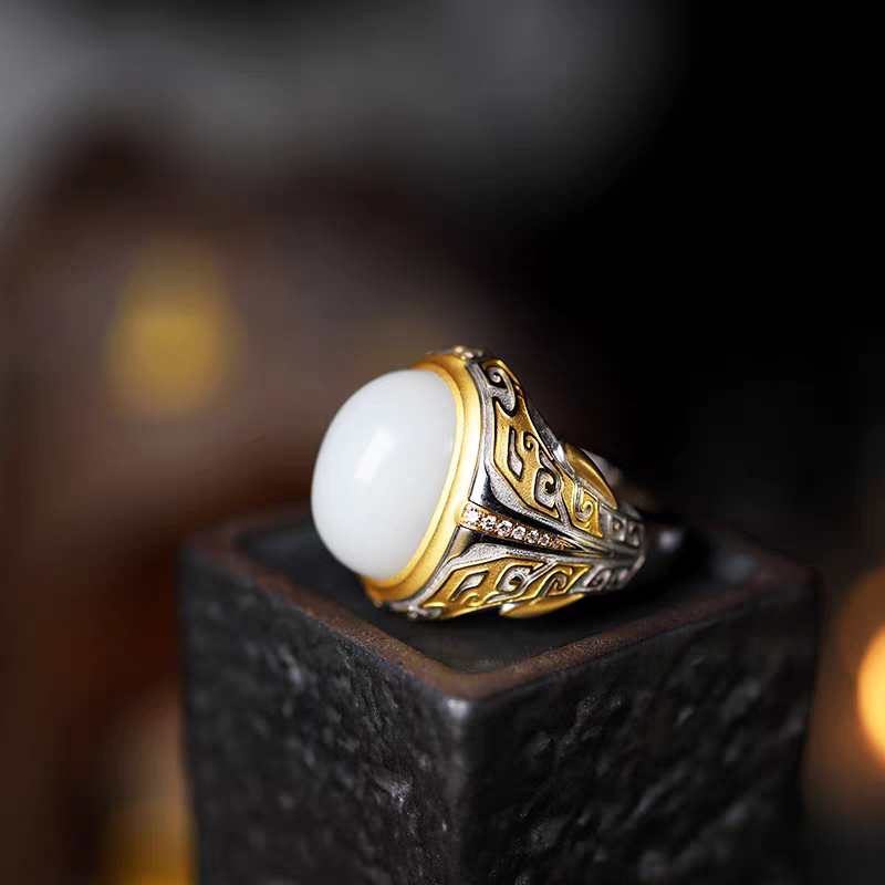 Classic White Nephrite Jade Oval Dome Ring