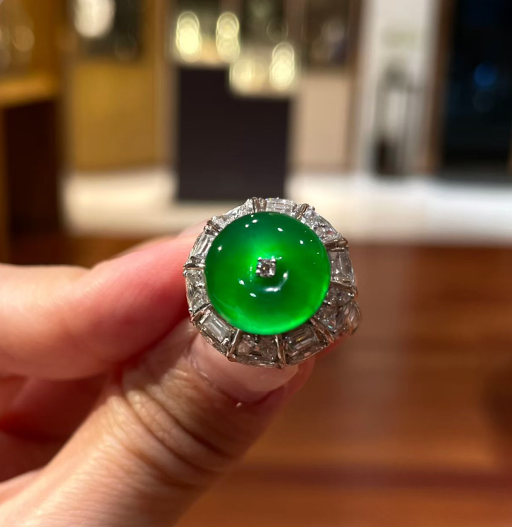 Imperial Green Glassy Jadeite Ping An Kou Ring