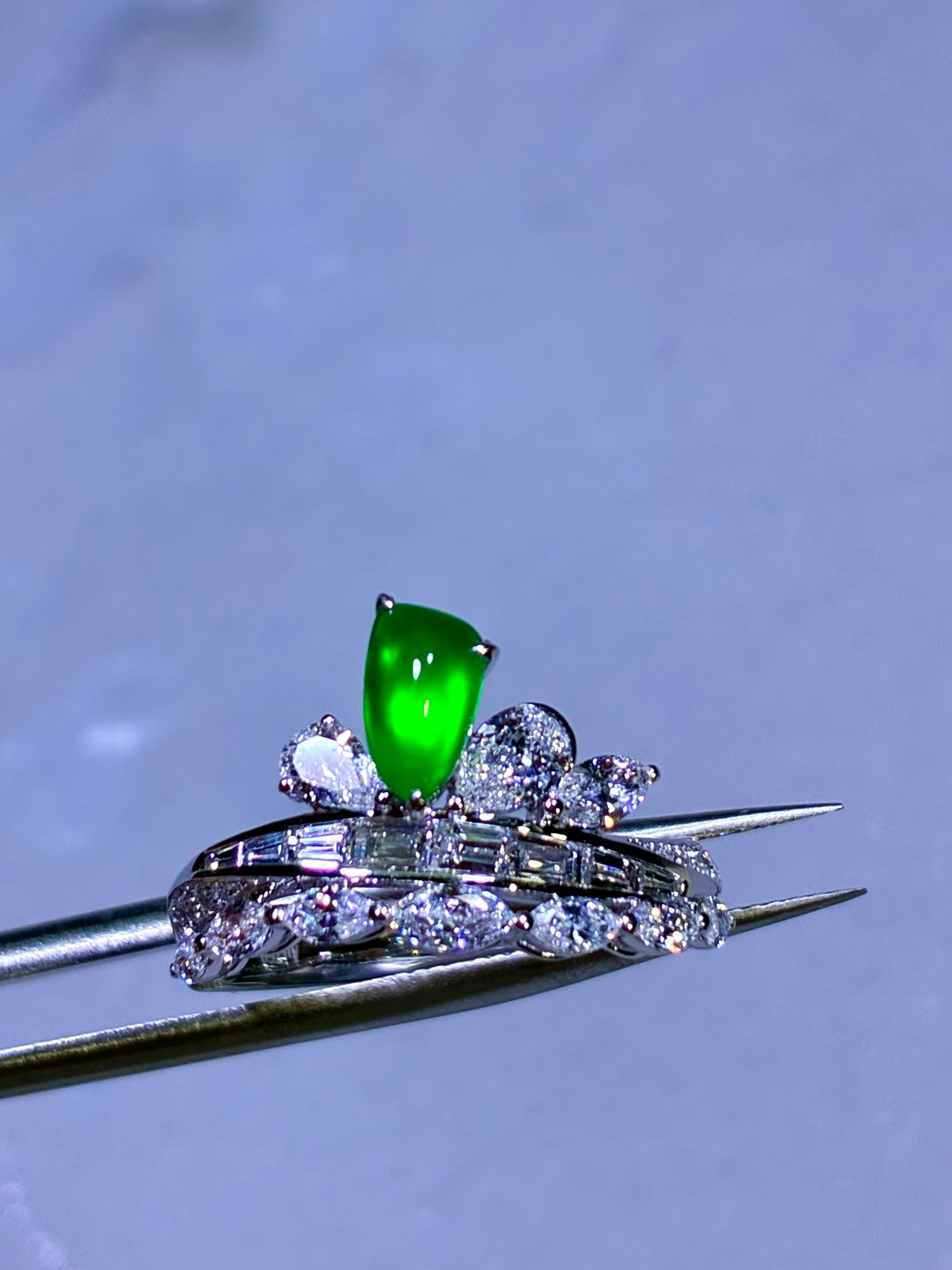 Imperial Green Long Shi Zhong Jadeite Designer Ring