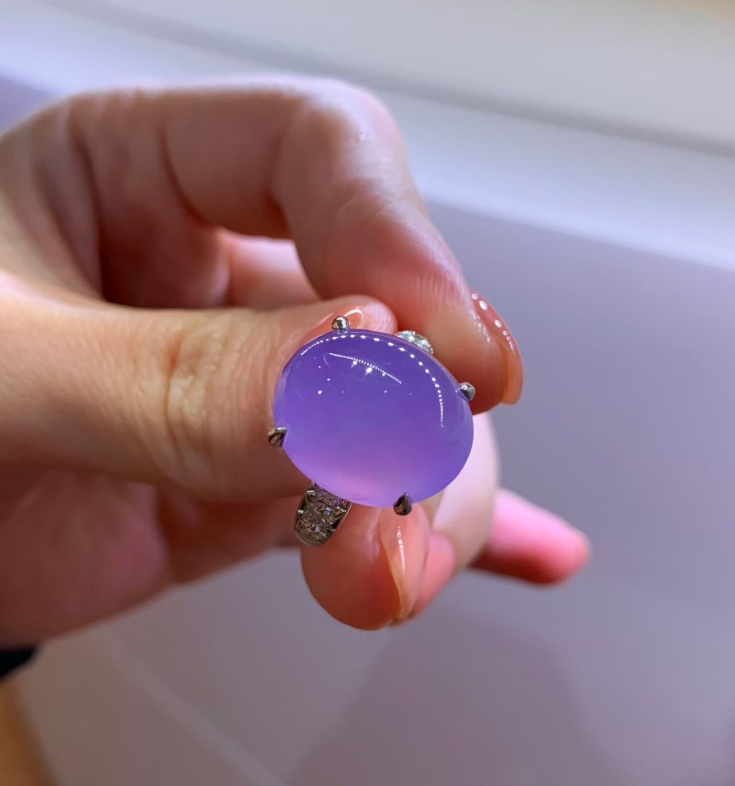 Glassy Vivid Purple Jadeite Cabochon Ring